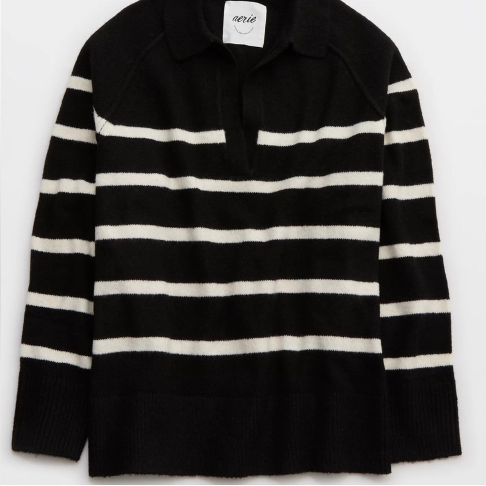 Aerie Unreal Polo Sweater Oversized Size XXS Black & White New With Tags - Picture 2 of 10